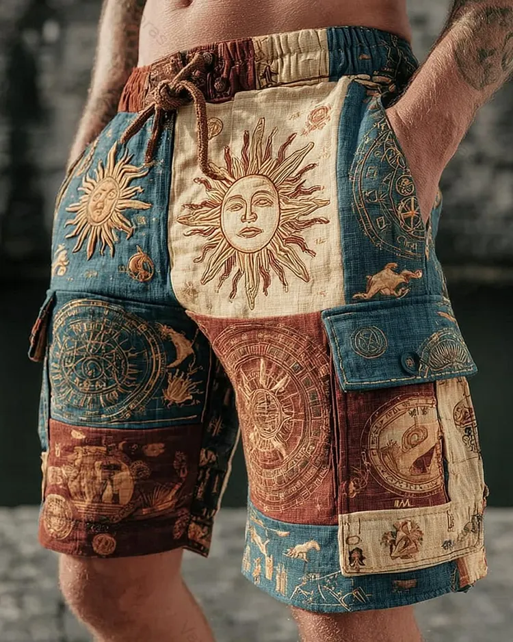 Men's Summer Fashion Star and Moon Print Embroidered Casual Linen Shorts  3671