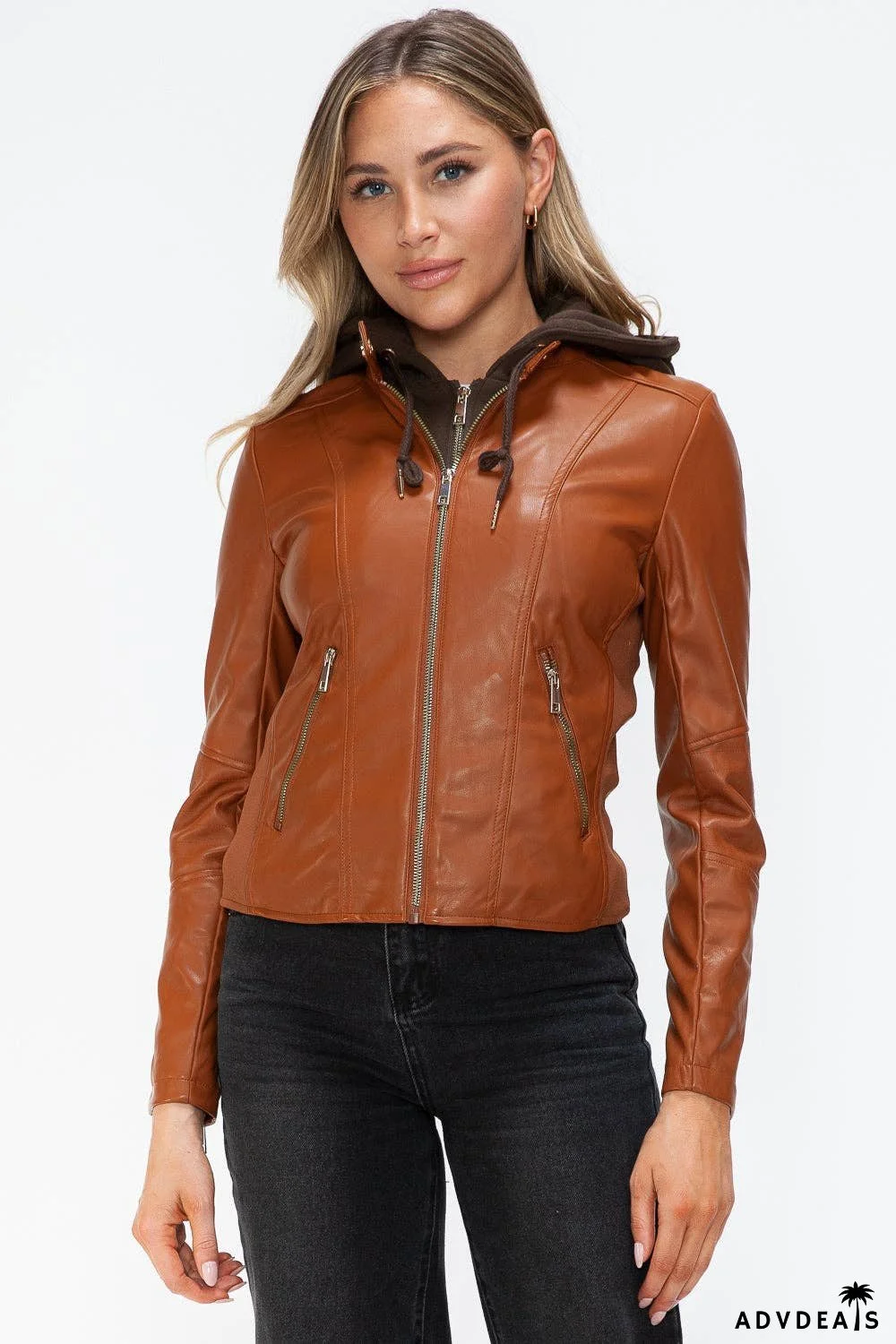 Snobbish Faux Leather Zip Up Drawstring Hooded Jacket