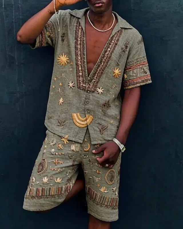 Men's Summer Outdoor Fashion Hippie Star and Moon Embroidered Top and Shorts Two-Piece Set 9778