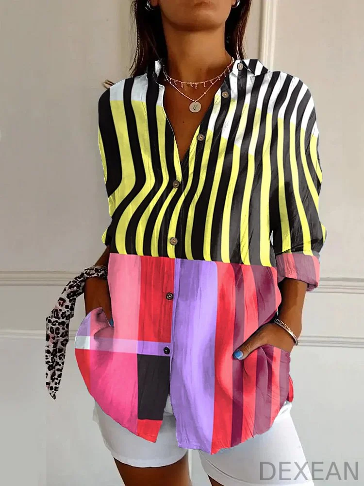 Retro Abstract Color Block Art Print Long Sleeve Shirt