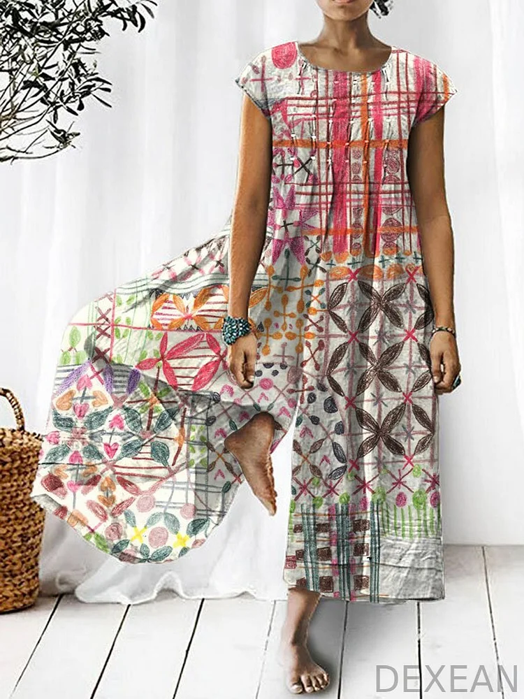 Women's Vintage Abstract Pattern Art Print Casual Denim Jumpsuit