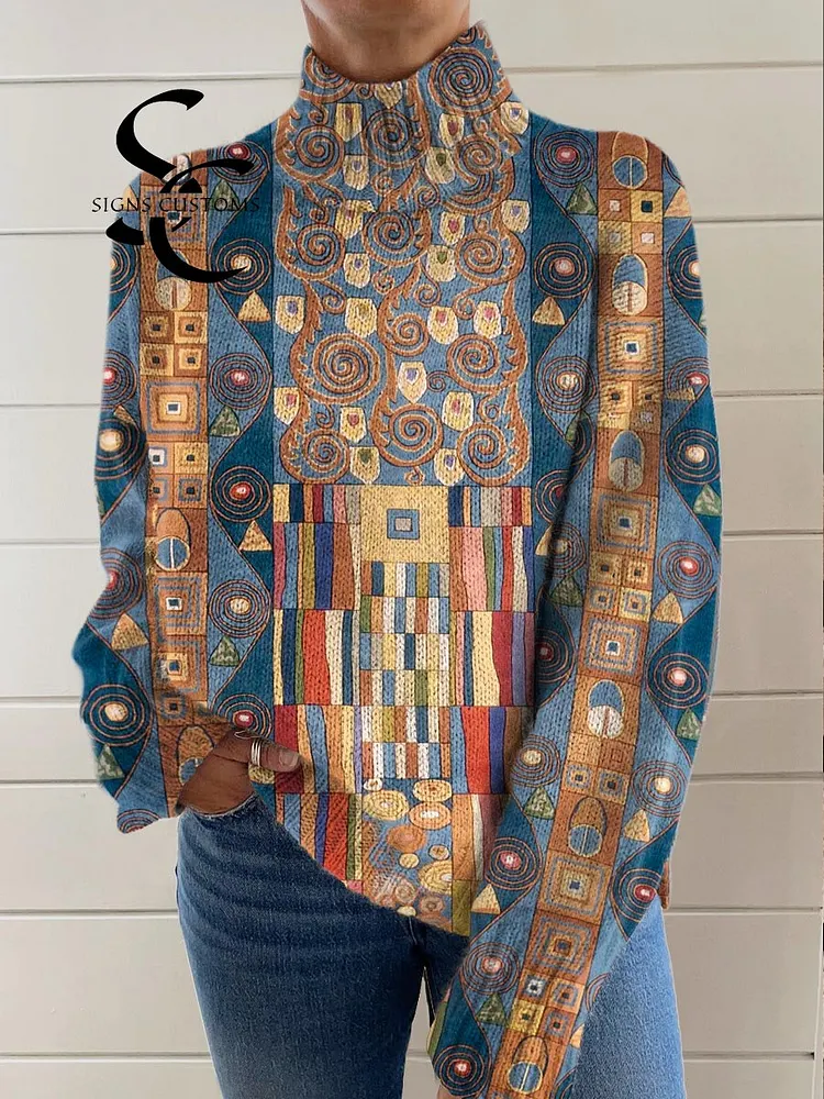 Women's Geometric Pattern Art Print Knit Turtleneck Pullover Sweater