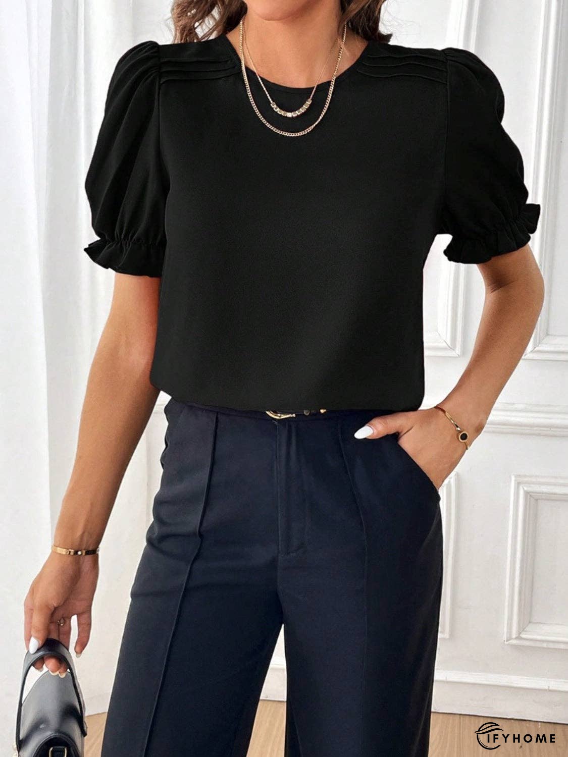 Round Neck Flounce Sleeve Blouse | IFYHOME