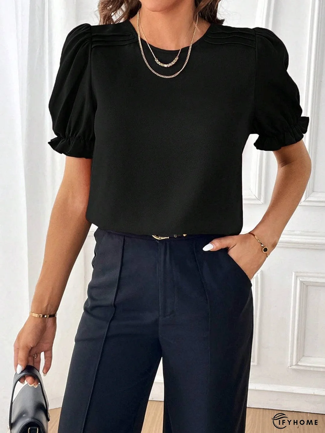 Round Neck Flounce Sleeve Blouse | IFYHOME