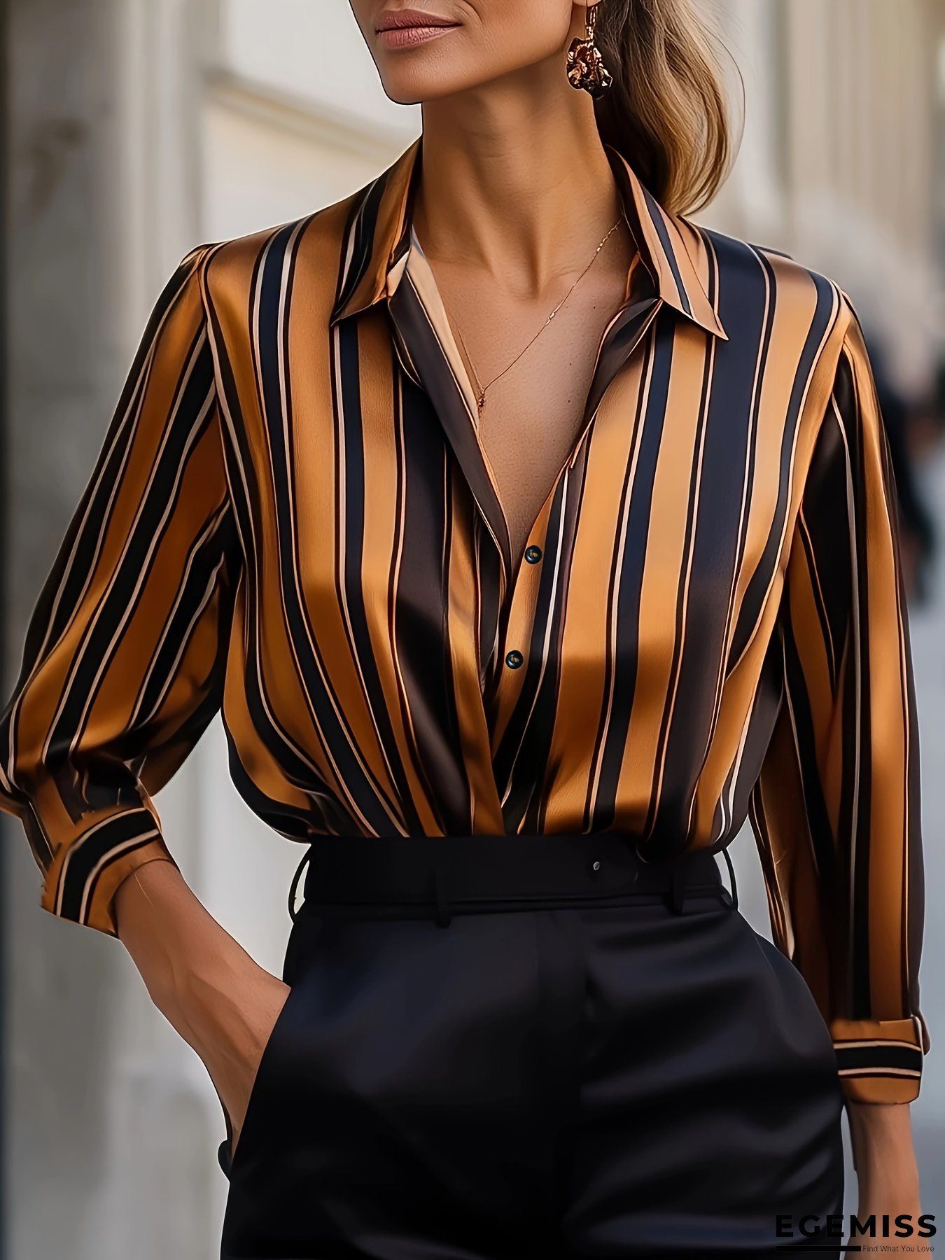 Women&lsquo;s Stylish Striped Button-Up Shirt - Elegant Lapel Collar, Long Sleeve, Black & Orange Vertical Stripes, Comfortable Polyester Fabric for Casual or Office Wear, Versatile Fashion | Classic Collar | Smooth Texture | EGEMISS