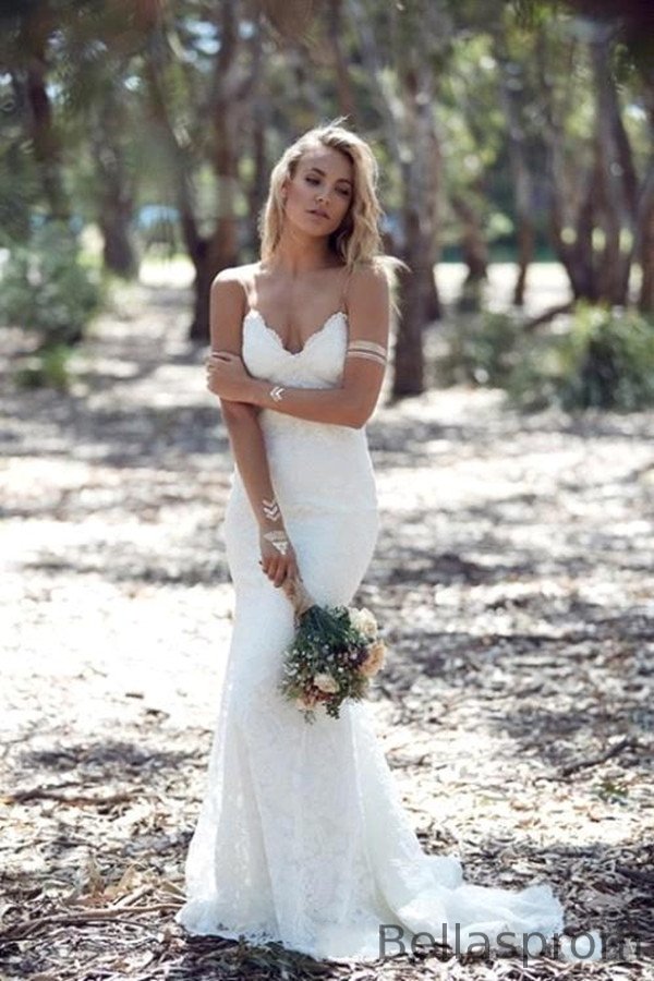 Bellasprom Lace Mermaid Backless Wedding Dress Spaghetti-Straps Bellasprom