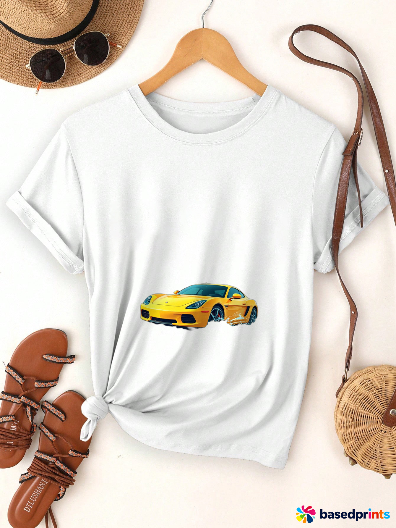 Yellow Sports Car Print T-Shirt Women Summer Casual Short Sleeve Tee Tops