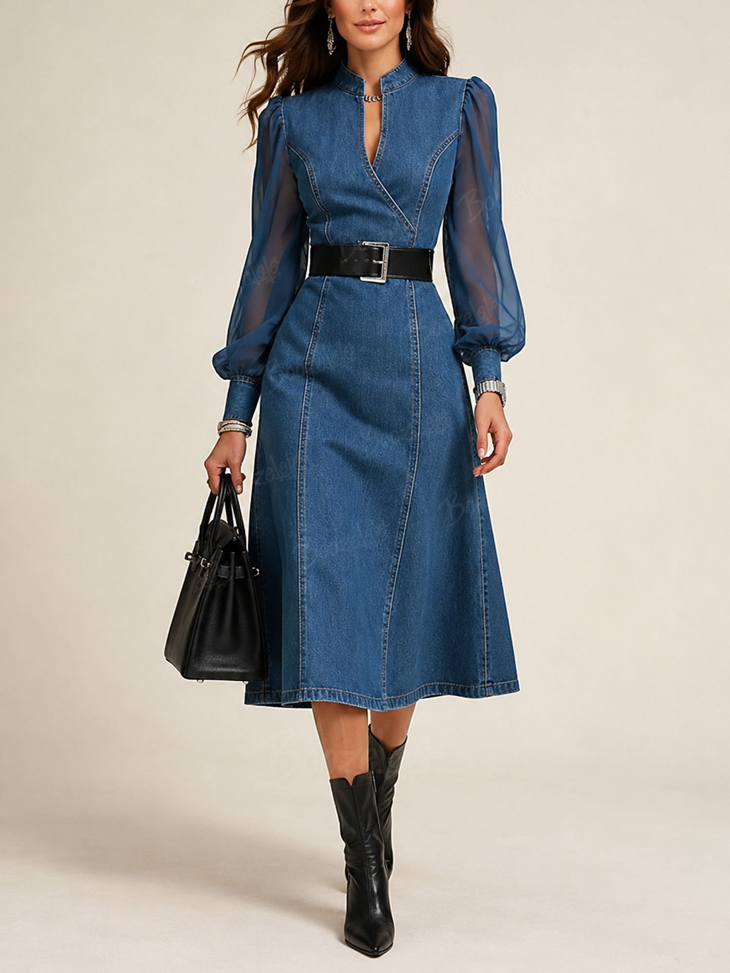 Perfect for an Urban Office Commute &mdash; 2026 Spring Summer Women's Sheer Lantern Sleeve Denim Midi Dress