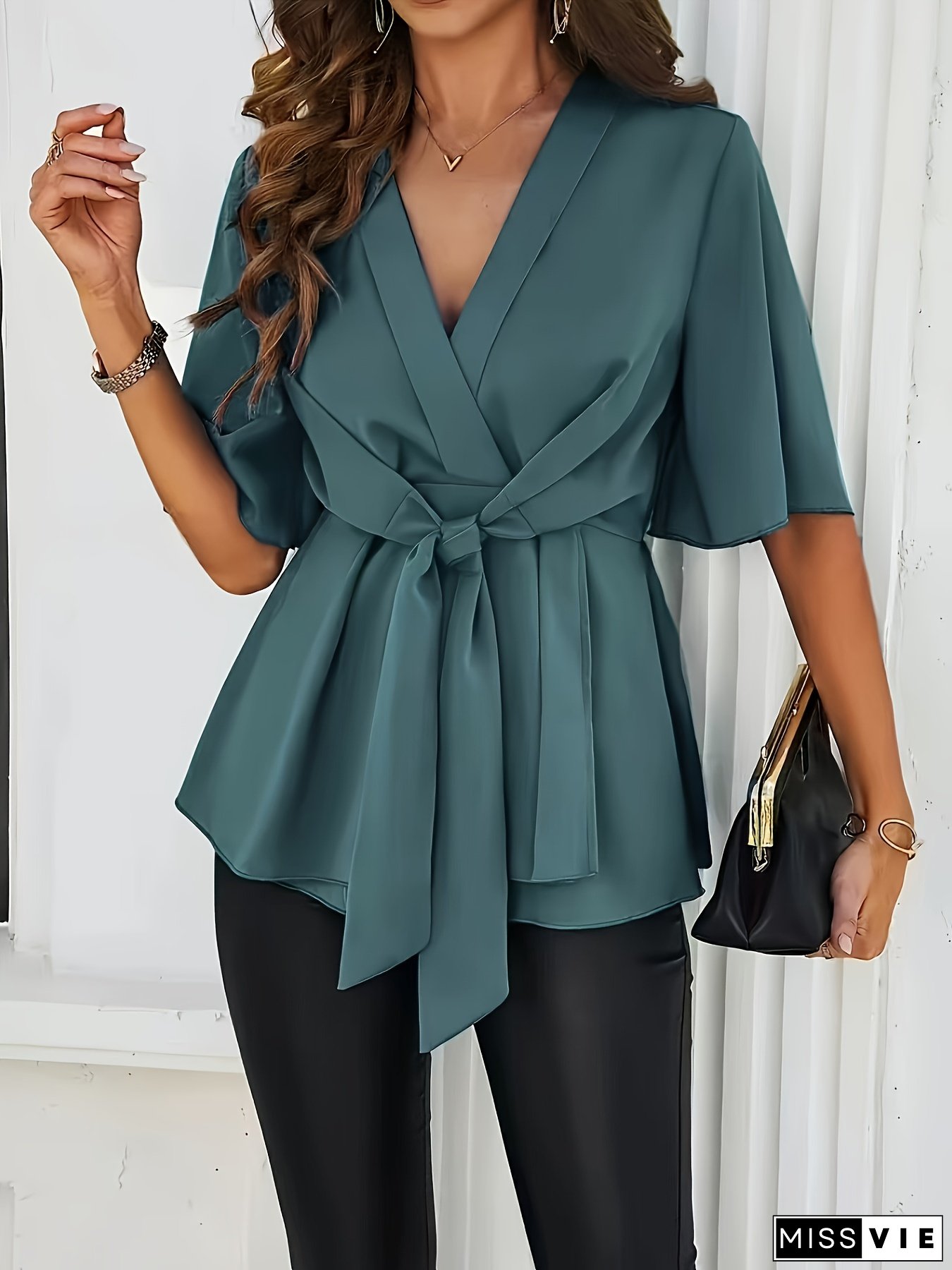 [Elegant Tie-Front Blouse] Elegant Women's V-Neck Tie-Front Blouse | Solid Color Short Sleeve Shirt with Knotted Detail, Machine Washable Non-See-Through Fabric for Spring/Fall, Office & Casual Wear, No Stretch Material