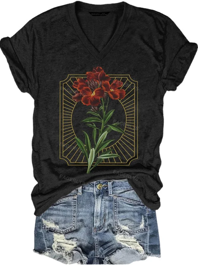 Flowers Dark Botanical V-neck T-shirt Eagerlys