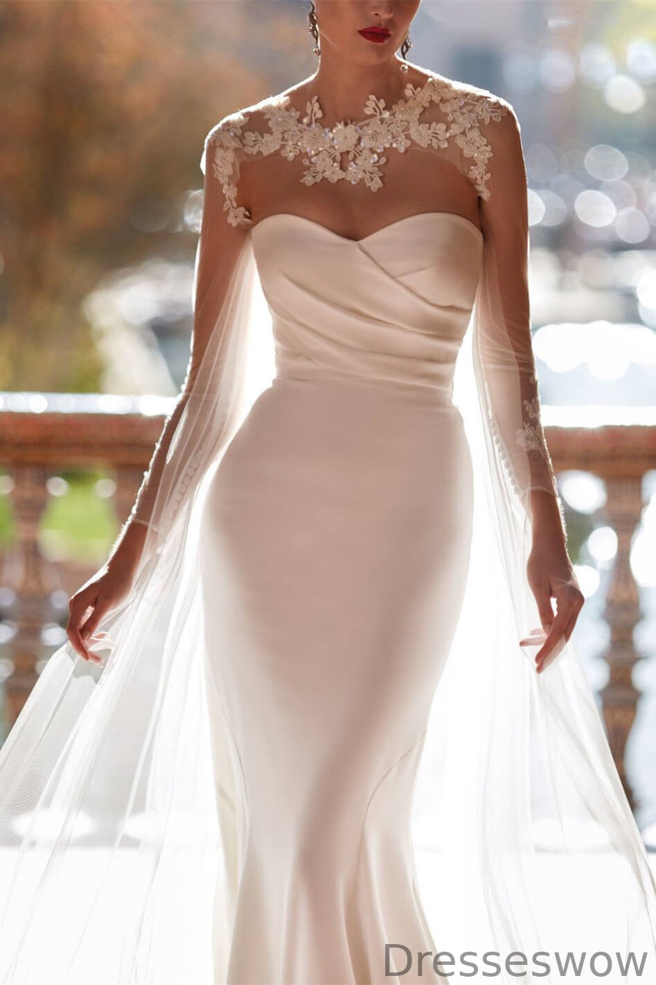 Dresseswow Sweetheart Mermaid Wedding Dress With Long Sleeves Appliques Cape