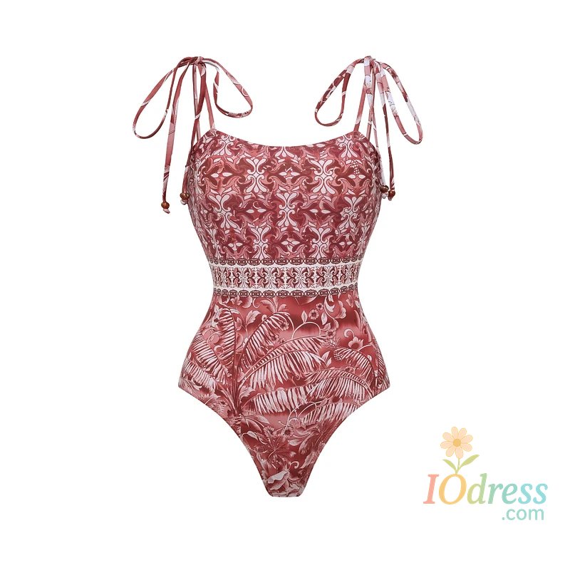 IO Dress 2025 New Flaxmaker Women Tie-up b rown Retro Forest Print One Piece Swimsuit and Skirt Summer Swimwear Ladies Bathingsuit