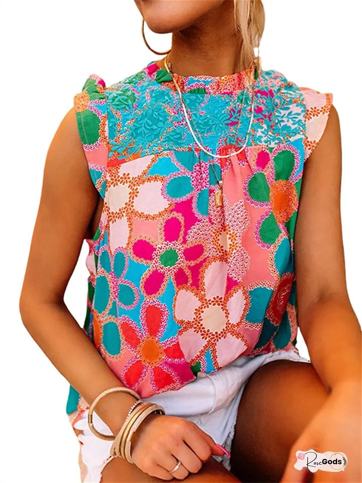 Hot Summer Fresh Sweet T-shirt Fashion Print Round Neck Sleeve Sleeveless Casual Loose Temperament Elegant Tops Female