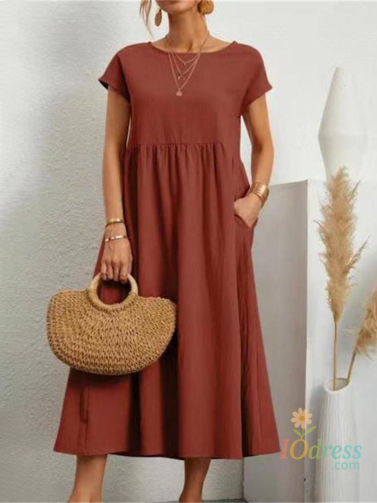 IO Dress Women Elegant Solid Maxi Dress Summer Short Sleeve O Neck Vintage Harajuku Cotton Linen Loose Sundress Y2K Pockets Long Dress