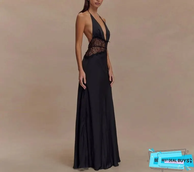 Womens Elegant V-Neck Backless Halter Sleeveless A-Line Maxi Dress With Patchwork Hem