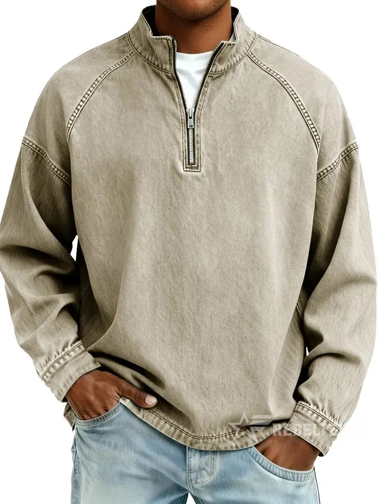 Khaki vintage half-zip cotton pullover on a clean white background