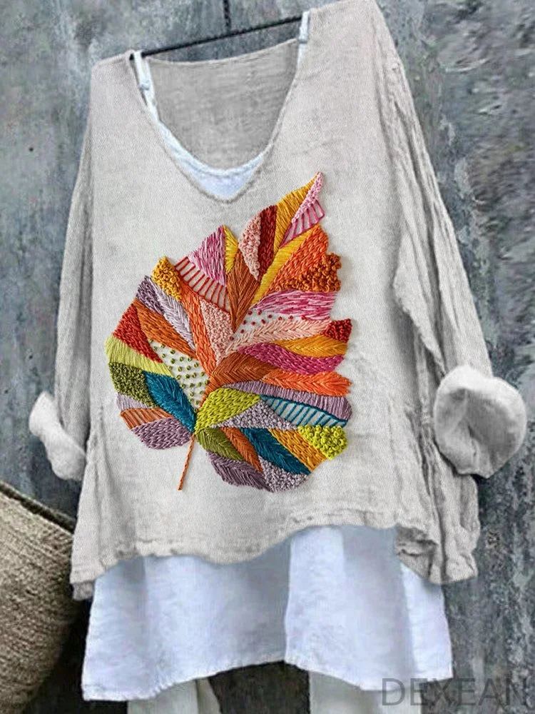 Colorful Leaves Embroidery Pattern Linen Loose Top
