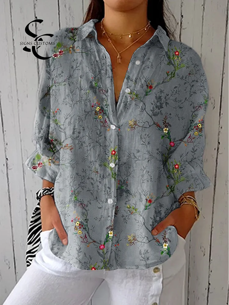 Women's Vintage Flower Art Print Casual Linen V-neck Shirt