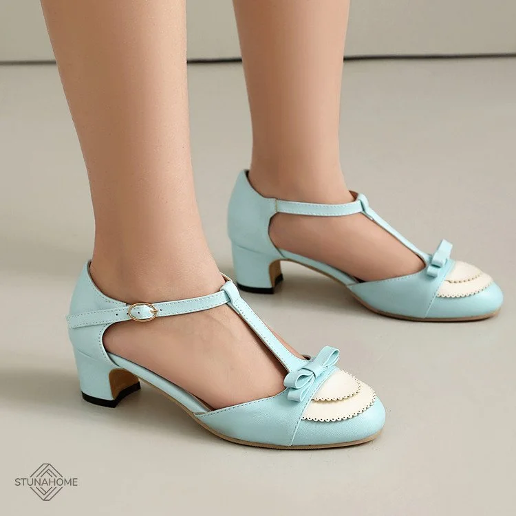 Women's Vintage T-Strap Heels with Bow and Block Mid Heel Design  Stunahome.com