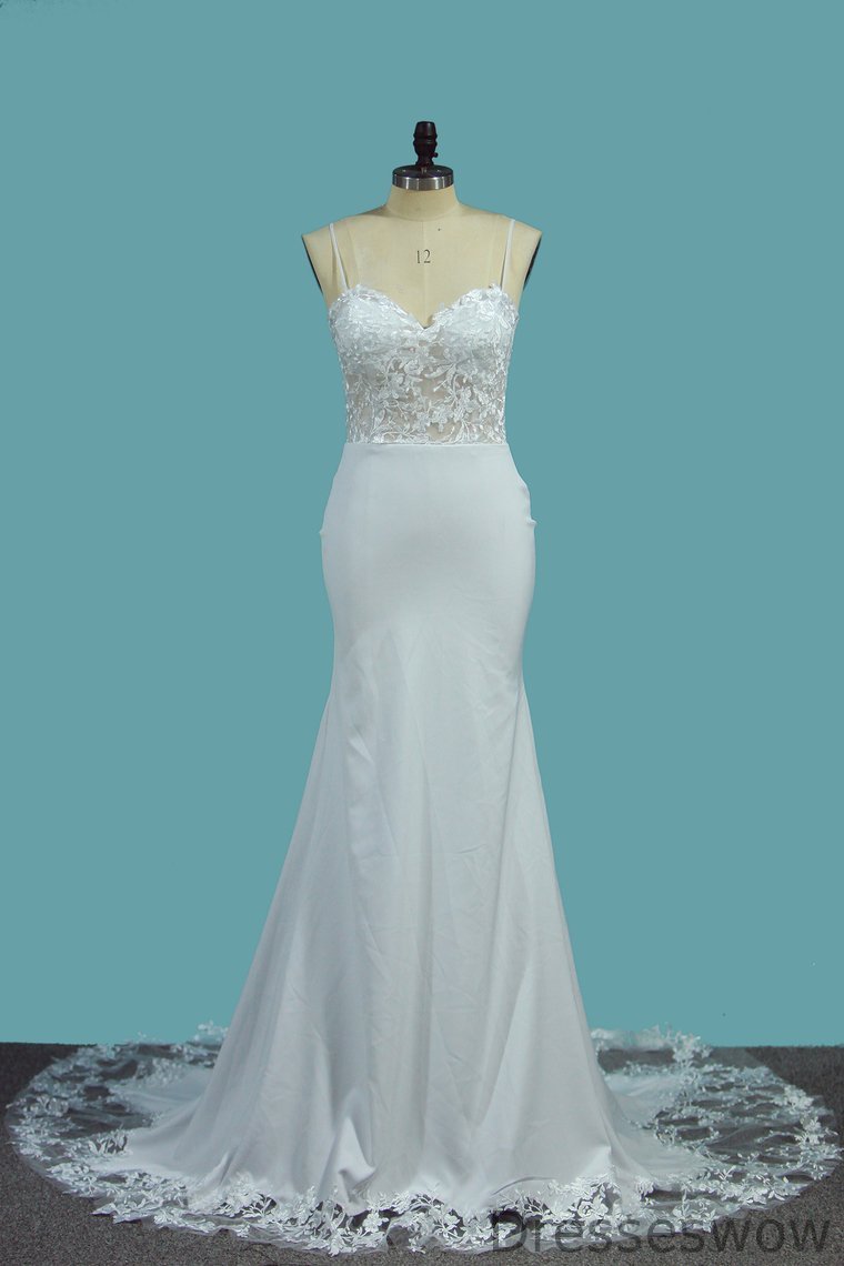 Dresseswow Spaghetti-Straps Sweetheart Long Mermaid Wedding Dresses With Lace