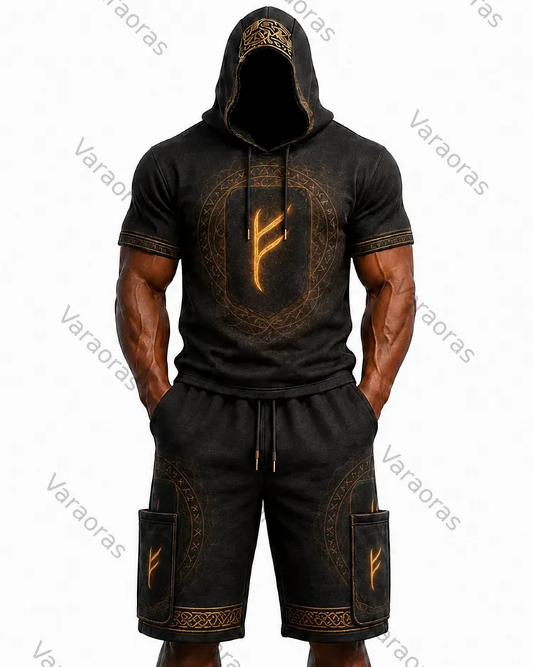 Men's Fashion Viking Rune Print Top & Shorts Two-Piece Set 7353