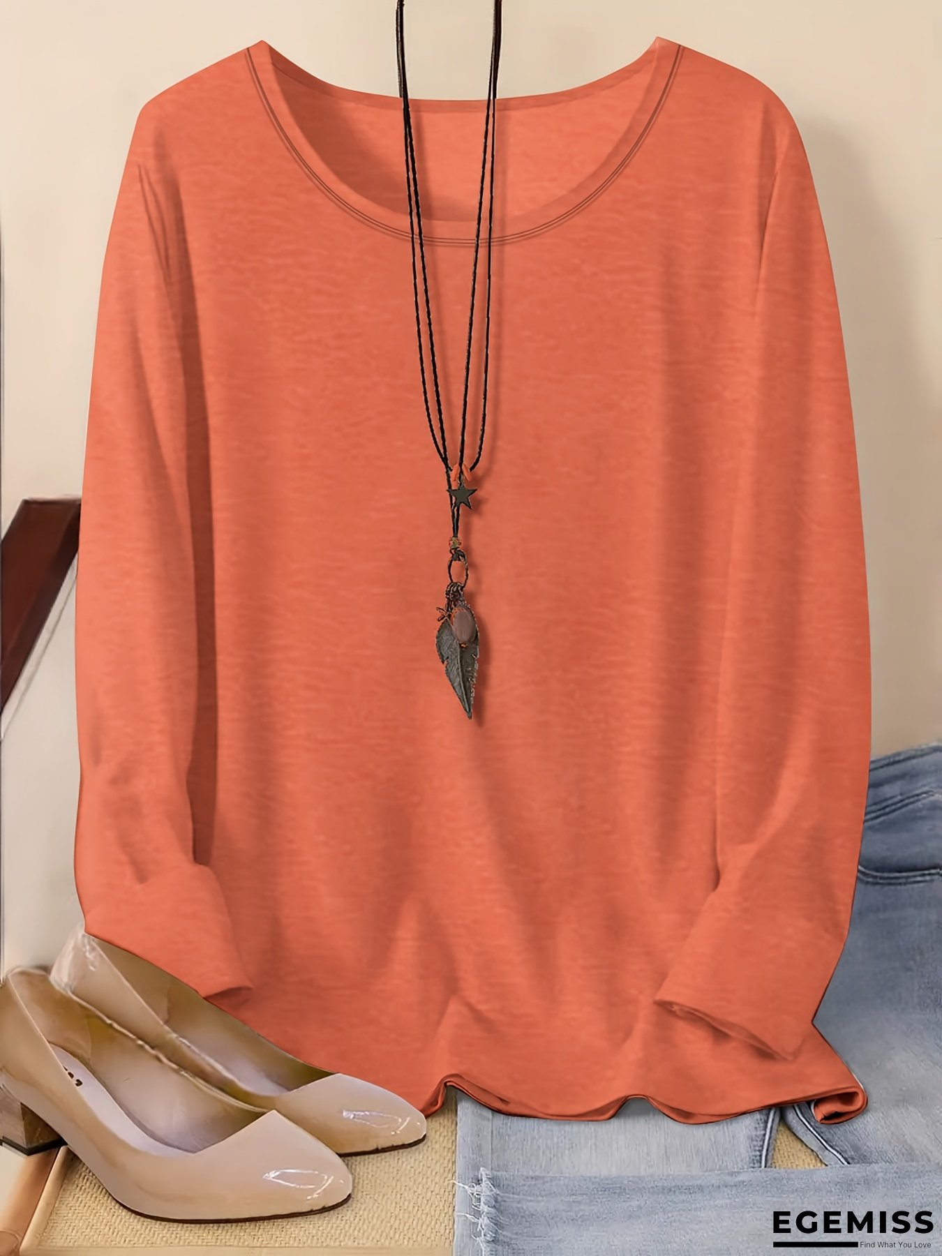 Plus Size - Women&lsquo;s Elegant Long Sleeve Sweatshirt - Soft Polyester Pullover Sweater, Round Neck Casual Chic Tops for Everyday & Formal Outfits, All-Season Layering Essential in Light Blue/Neutral Tones - Women&lsquo;s Clothing, Versatile Wardrobe Staple | EGEMISS