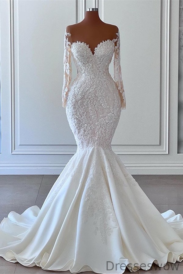 Dresseswow Long Sleeves Sweetheart Mermaid Wedding Dress With Appliques