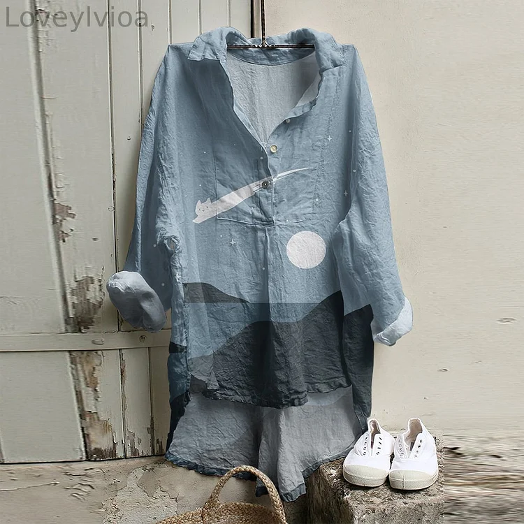 Vintage Women's Asymmetrical Japanese Art Cat Landscape Printed Shirt