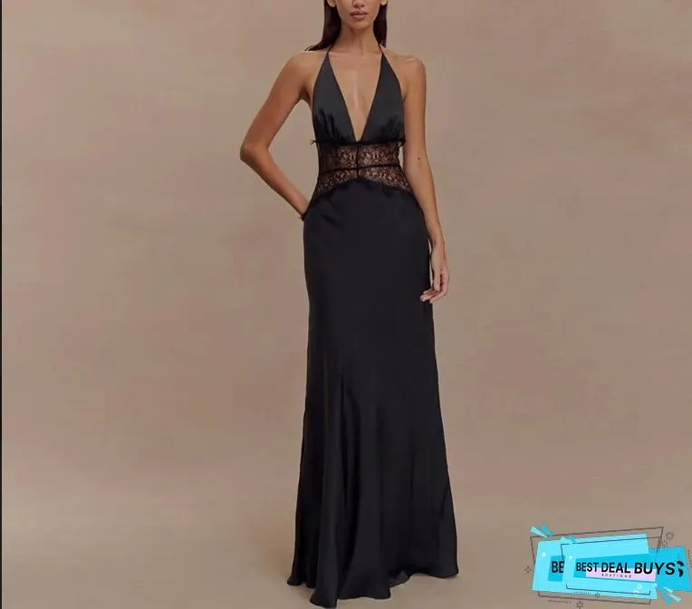 Womens Elegant V-Neck Backless Halter Sleeveless A-Line Maxi Dress With Patchwork Hem