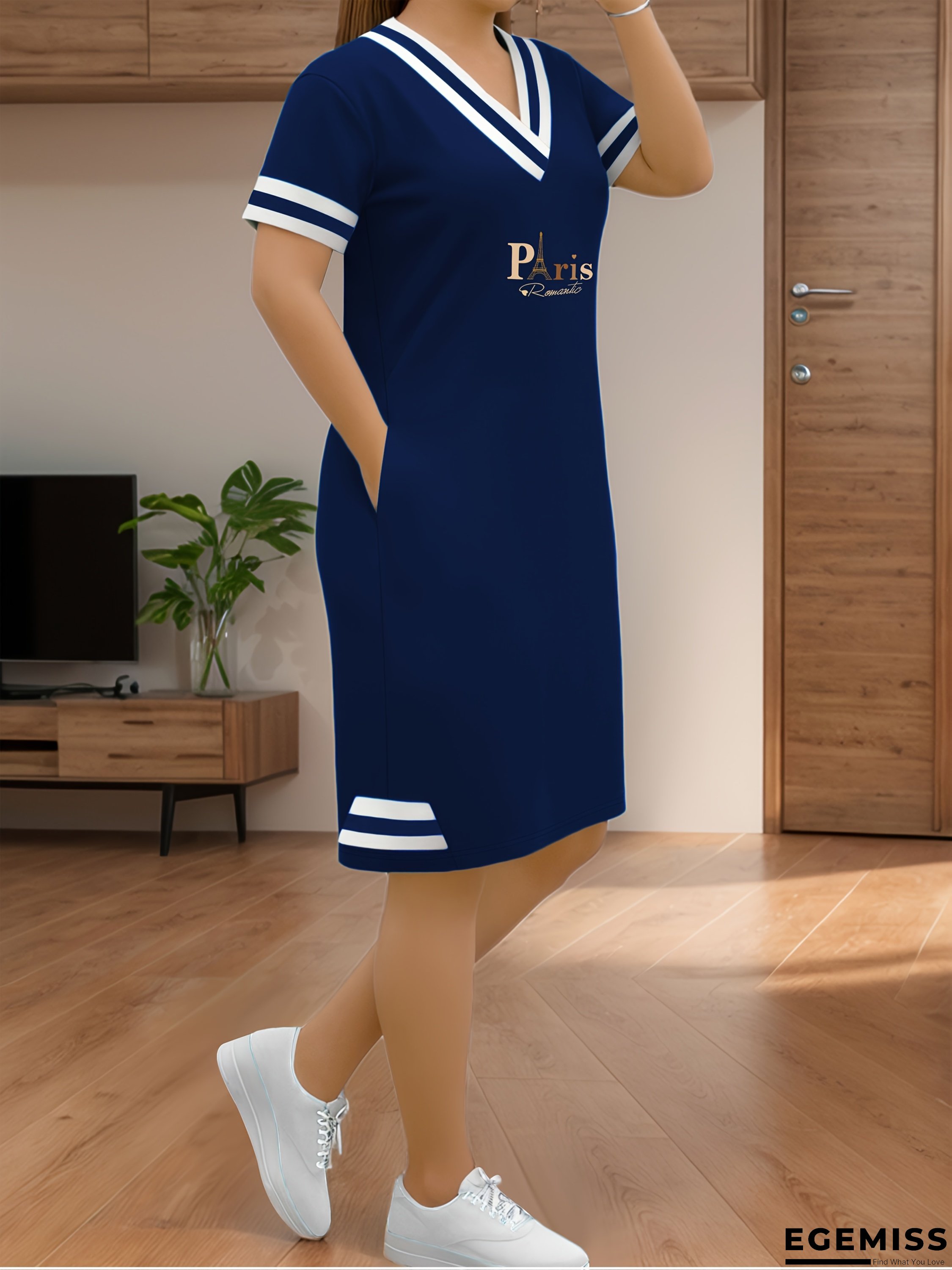 Women's Elegant V-Neck Dress - Navy Blue & White Trim, Slim Fit Short Evening Party Outfit, Machine Washable Formal Casual Summer Dress for Women, Versatile Outfit, Chic Fashion, Durable Clothing, Fashion Lovers | EGEMISS