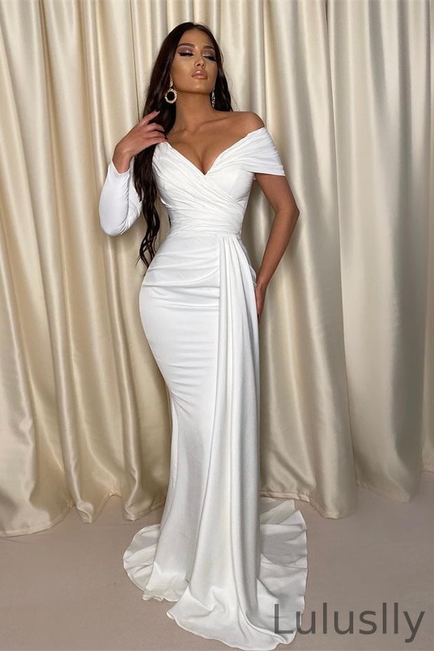 Luluslly Long Sleeve Off-the-Shoulder White Evening Dress Mermaid Long With Pleats