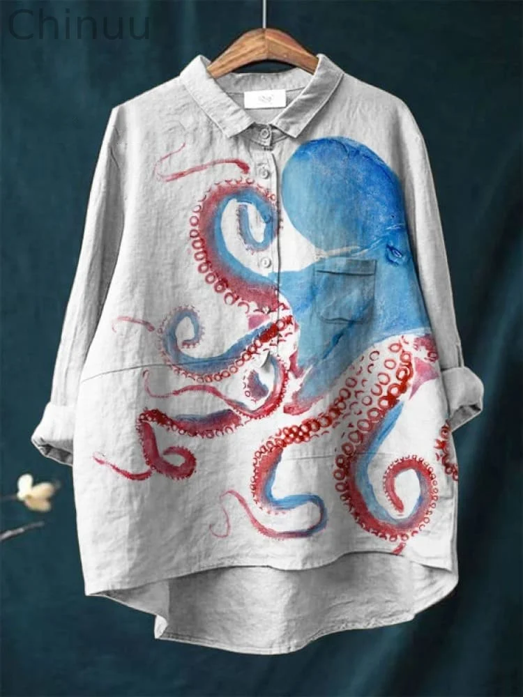 Vintage Japanese Octopus Pattern Art Print Casual Cotton And Linen Shirt
