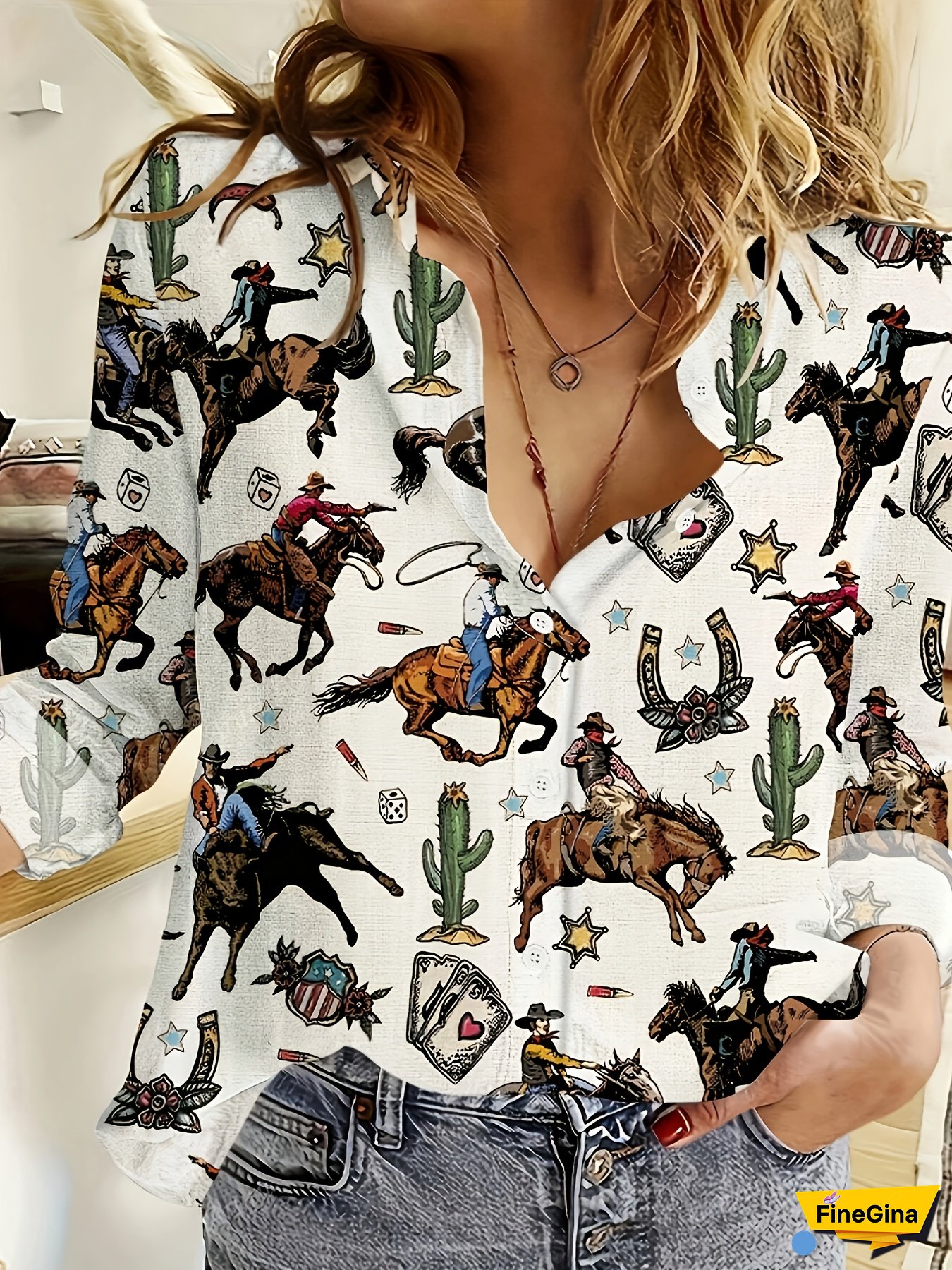 Women's Western Cowgirl Print Blouse - Southwestern Cactus & Horse Button-Front Shirt, Short Collar Collar Long Sleeve Top, Machine Washable Spring Summer Casual & Western-Themed Outfits (No Belt), Blouse For Women Wedding Guest