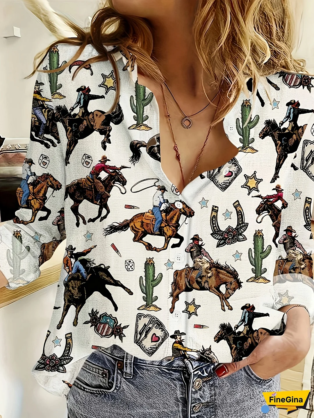 Women's Western Cowgirl Print Blouse - Southwestern Cactus & Horse Button-Front Shirt, Short Collar Collar Long Sleeve Top, Machine Washable Spring Summer Casual & Western-Themed Outfits (No Belt), Blouse For Women Wedding Guest