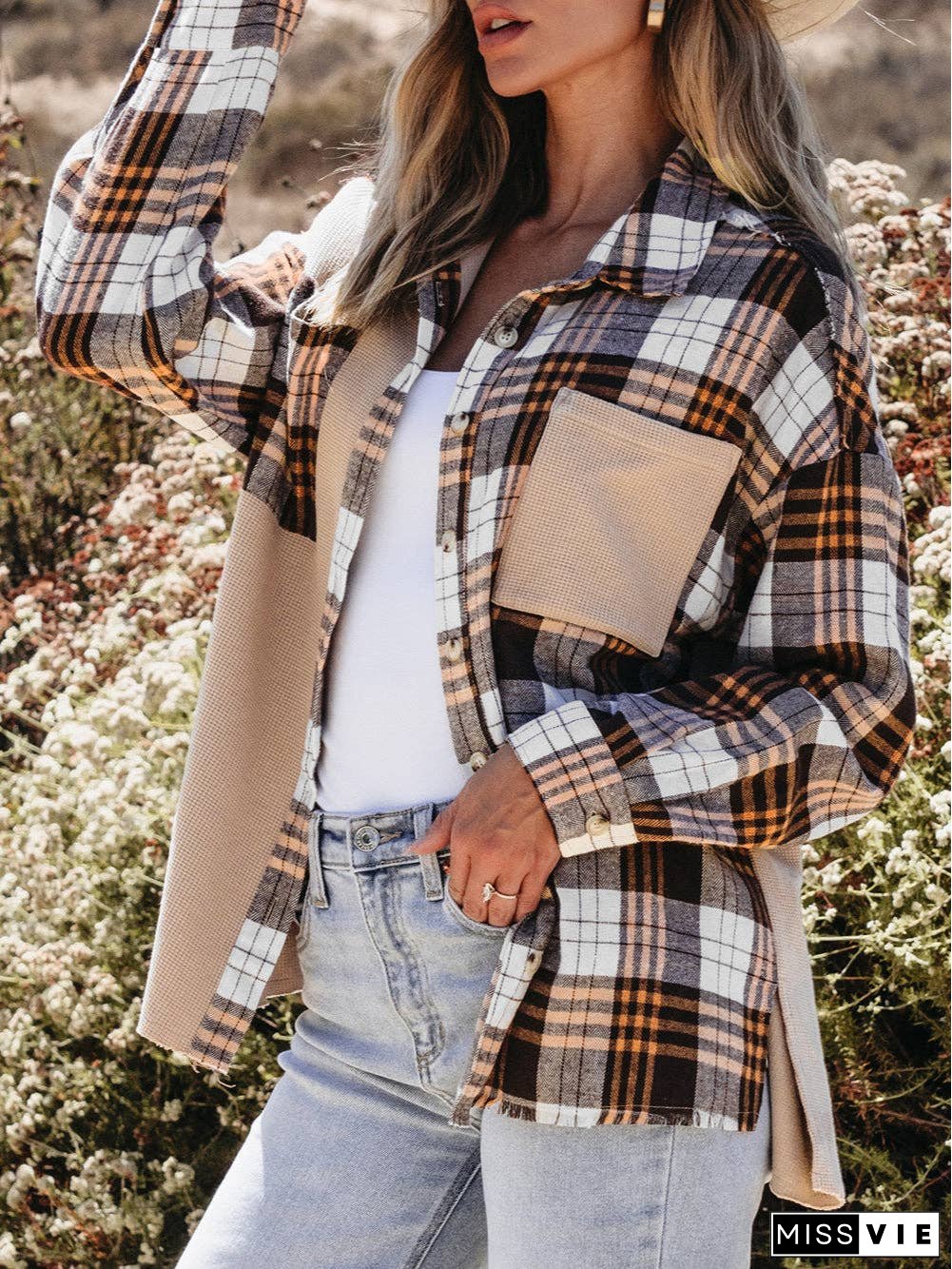 Thermal Knit Plaid Patchwork Shacket