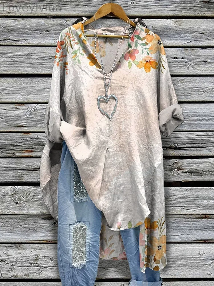 Women‘s Gradient Watercolor Flower Print Casual Cotton And Linen Shirtdress