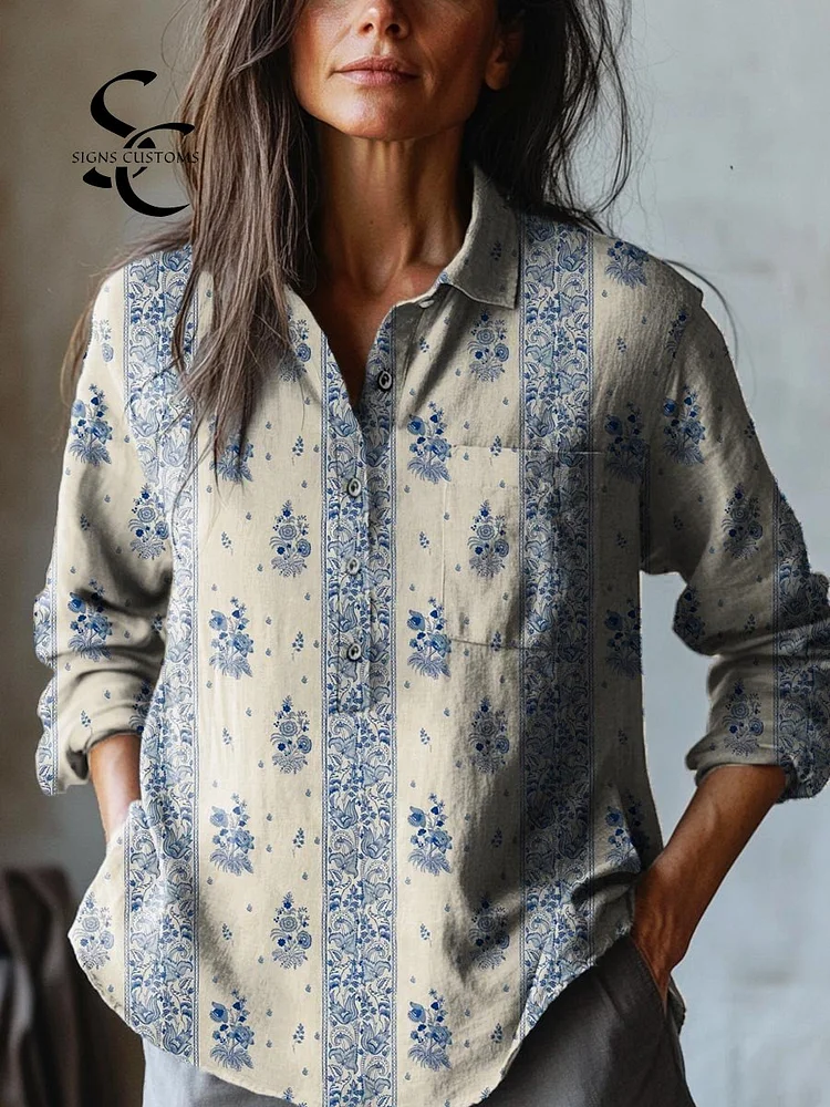 Women's Vintage Lovely Floral Art Print Casual Cotton And Linen Shirt