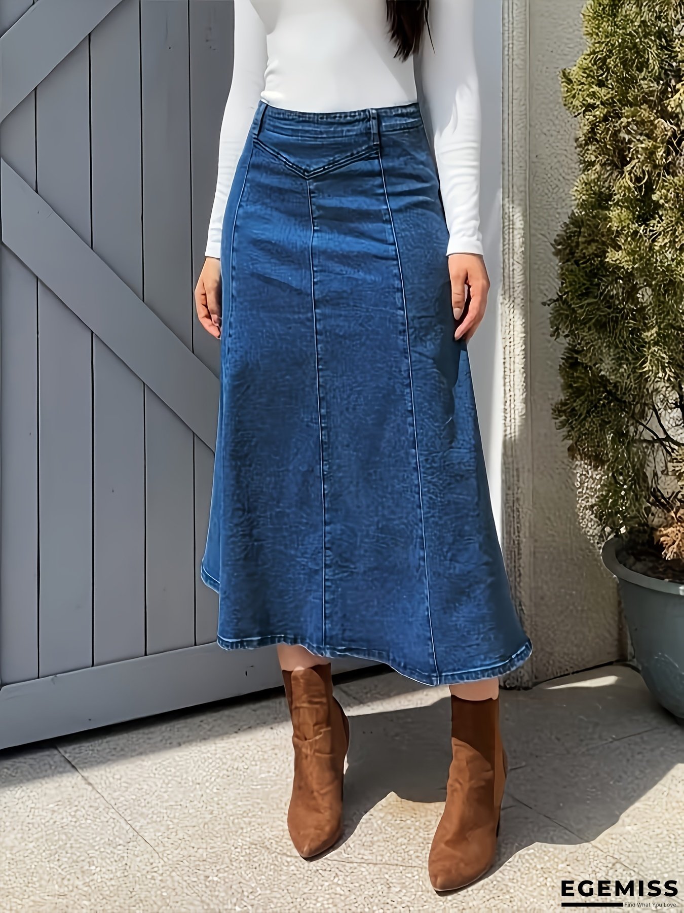 Women&lsquo;s High Waist Non-Belted Jeans skirt - Mid-Length A-Line Fish Tail Hem, Classic Blue Denim for Casual & Formal Outfits - Everyday to Party Wear - Spring/Summer Essential, Denim Skirts, Versatile Fashion, Washed Texture Style, Summer Outfit | EGEMISS