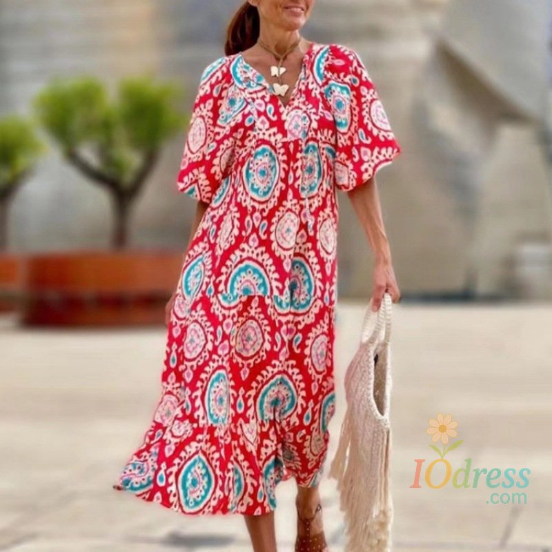 IO Dress Women's Autumn New Long Dress V-neck Geometric Patchwork Puff Sleeves Printed Multi-color Dress Street Bombing Women's Clothing IO Dress