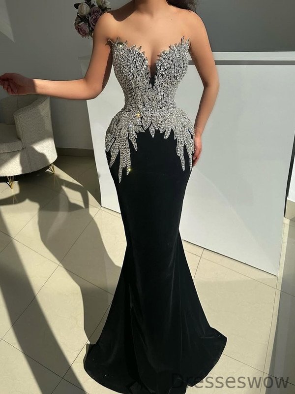 Dresseswow Black Sweetheart Sleeveless Mermaid Prom Dress Long With Crystals