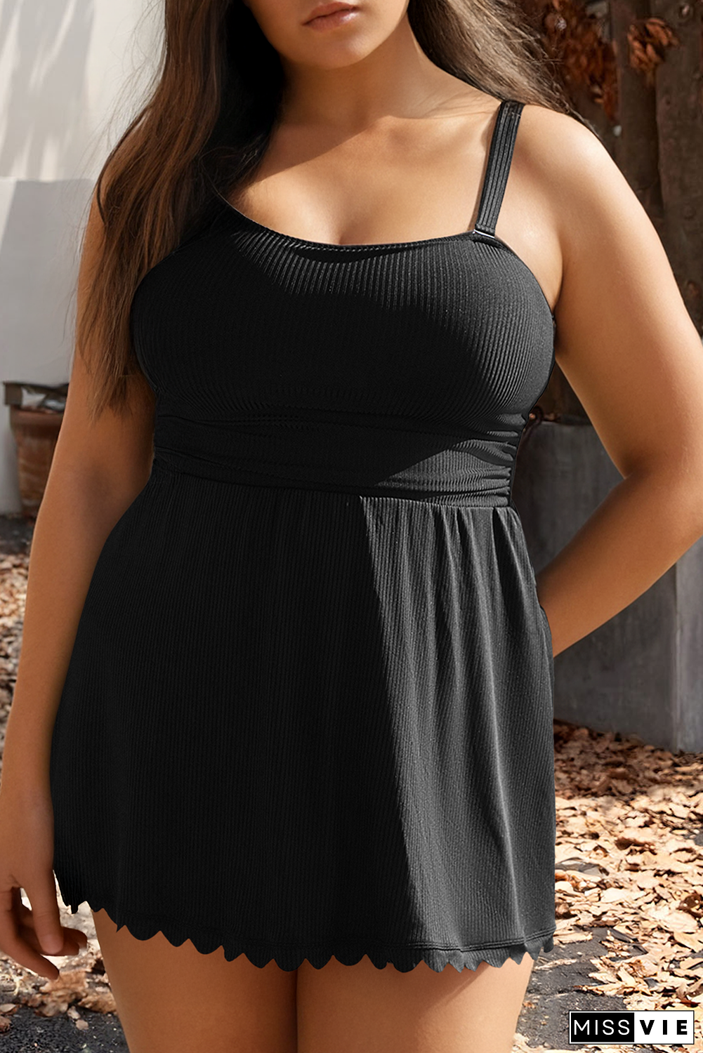 Plus Size Textured Scalloped Trim Swim Dress with Panty