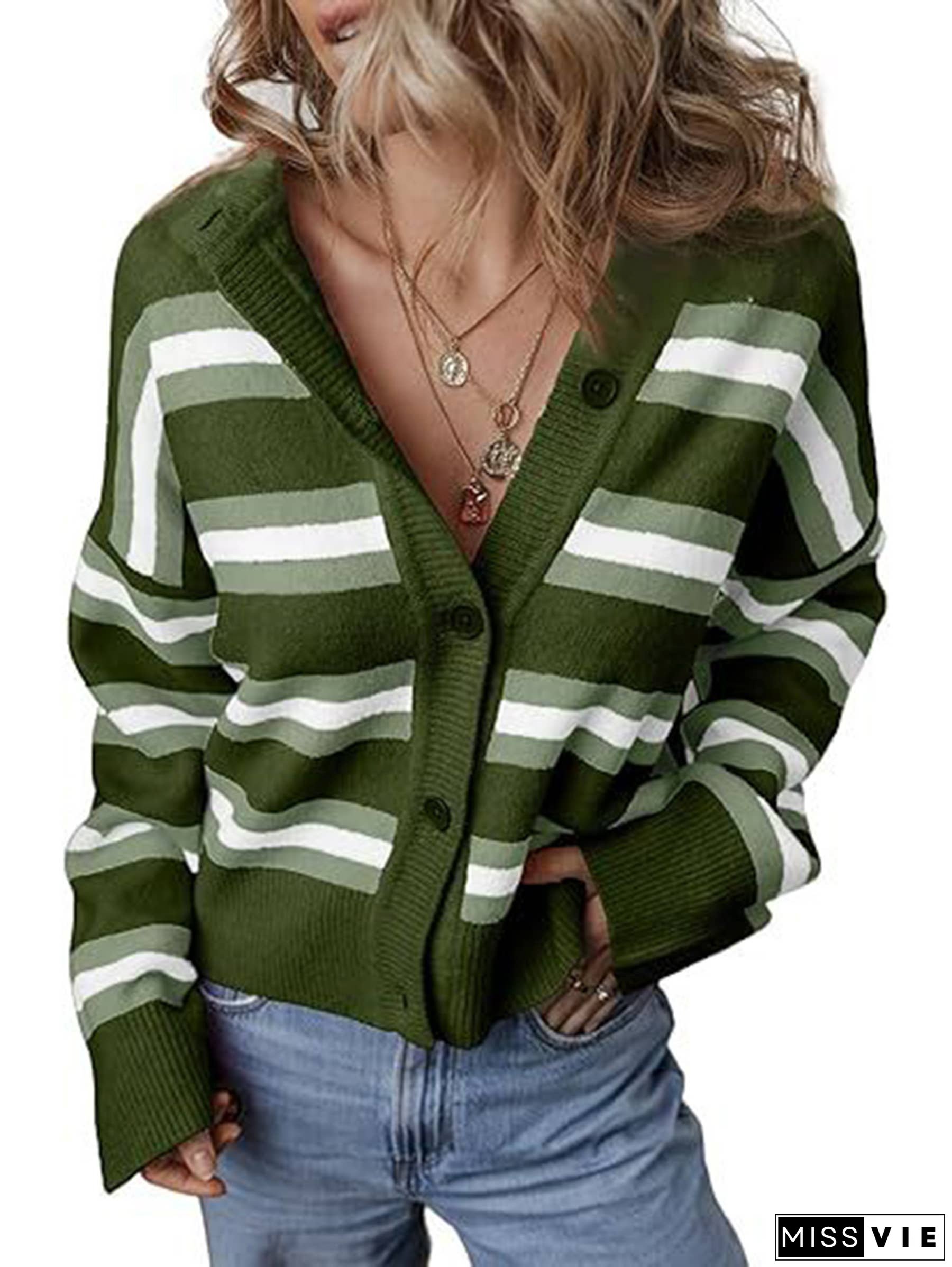 Striped Color Blocked Knitted Cardigan