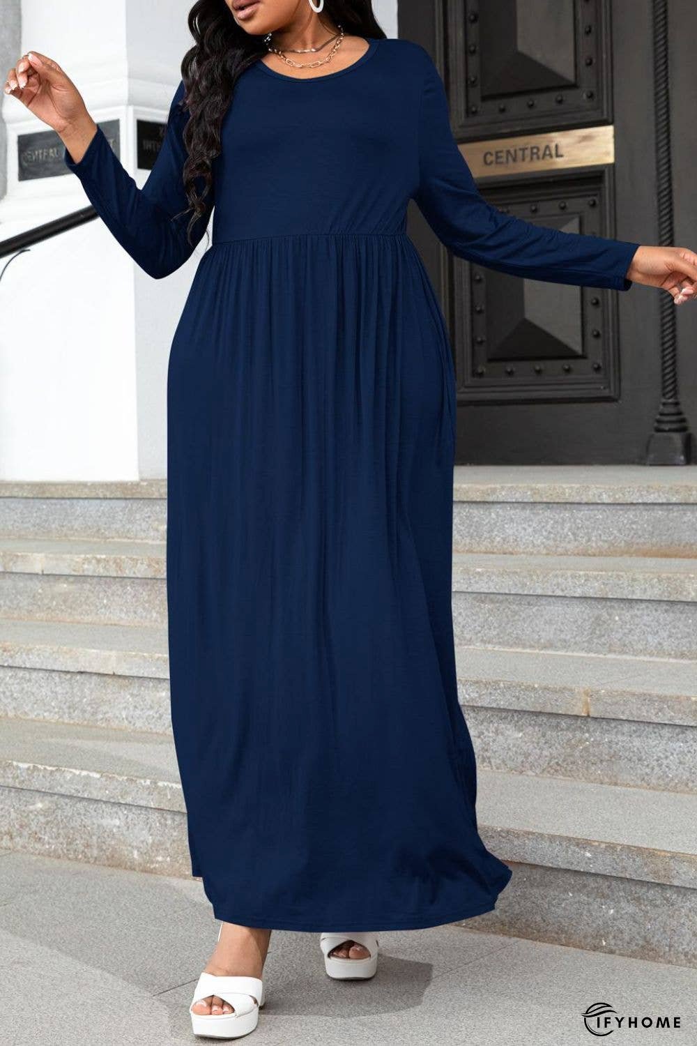 Plus Size Round Neck Long Sleeve Maxi Dress with Pockets | IFYHOME