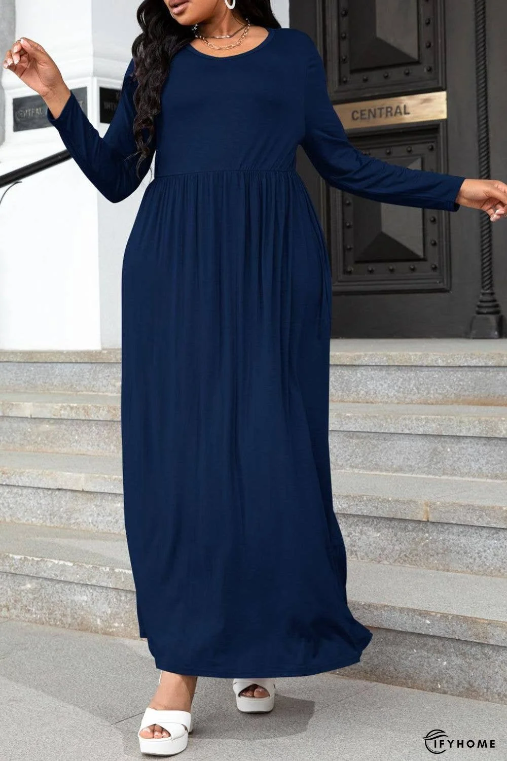 Plus Size Round Neck Long Sleeve Maxi Dress with Pockets | IFYHOME