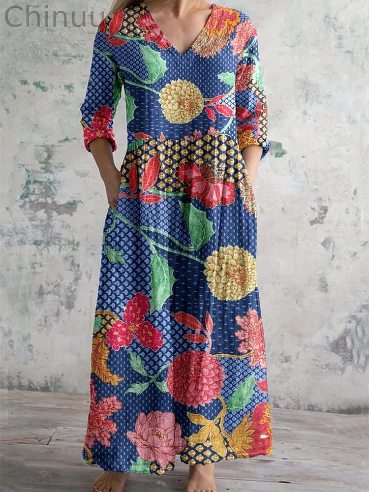 Women's Elegant Vintage Floral Pattern Cotton and Linen Dress with Pockets