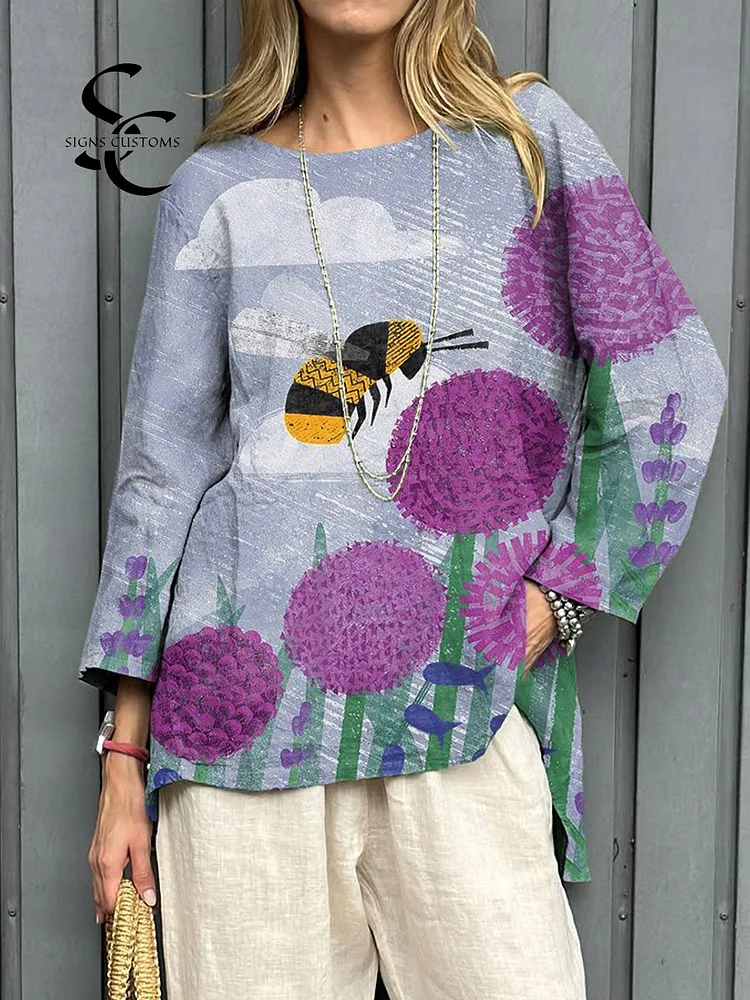 Women's Vintage Bee Floral Art Print Casual  Cotton And Linen  Shirt