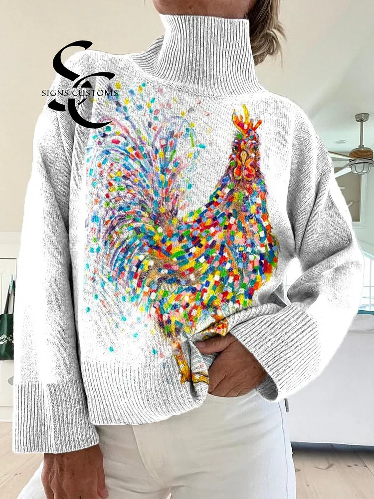 Women's Lovely Chicken Pattern Art Print Knit Turtleneck Pullover Sweater