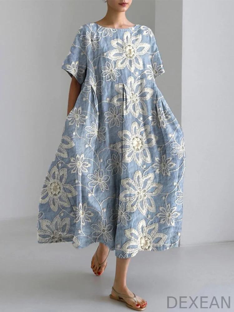 Lace Floral Splicing Design Linen Dress