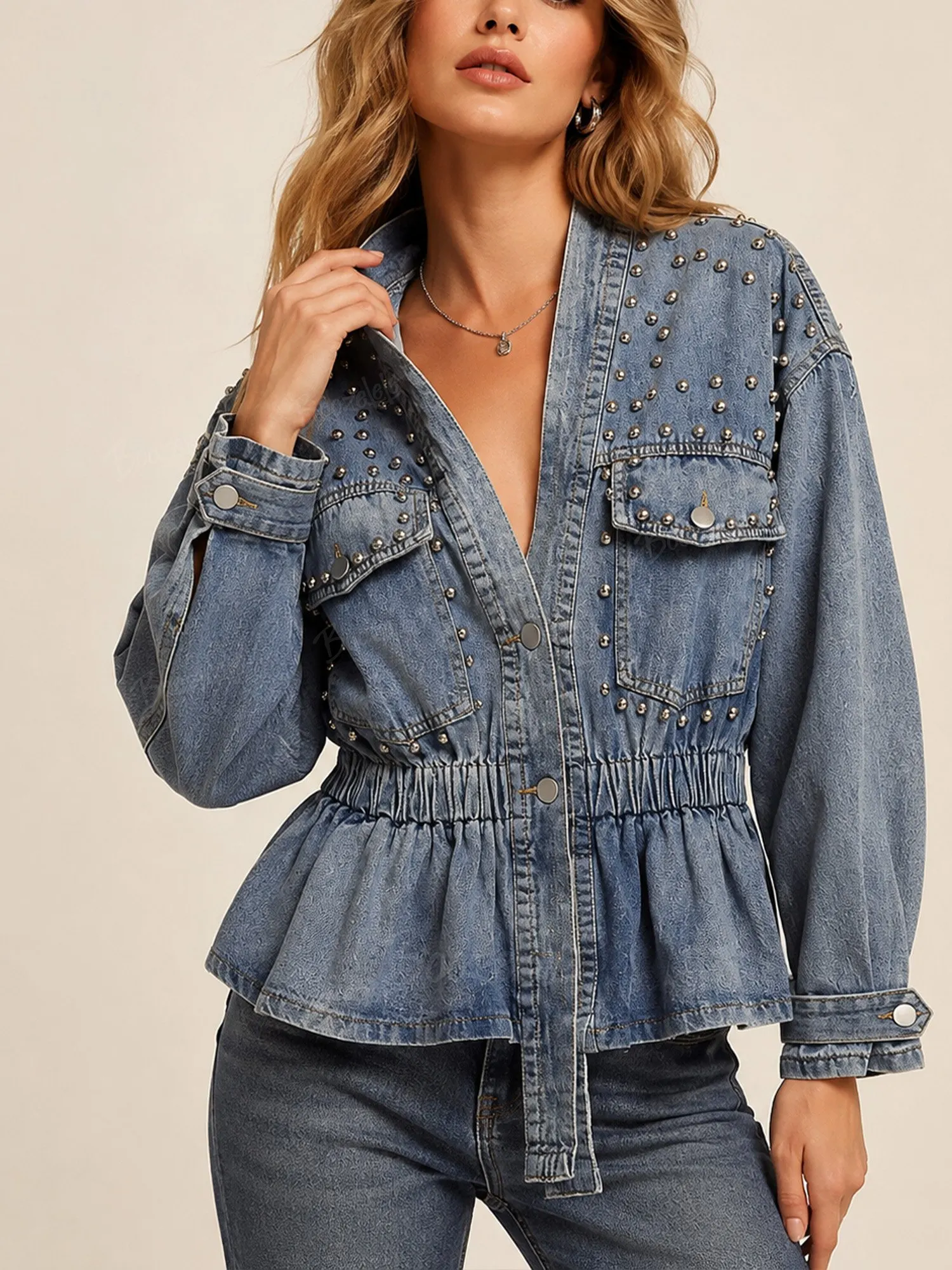 A Must-Have For A Western Cowboy Night &ndash; A Vintage Washed Blue V-Neck Denim Jacket With Metal Studs And A Ruffled Hem For Women.