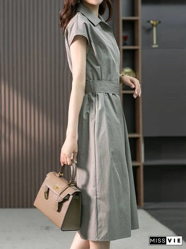 Plus Size Short Sleeves Bandage Solid Color Lapel Midi Dresses